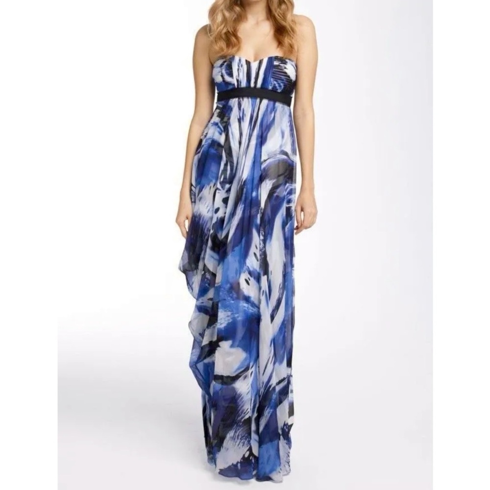 Strapless Sz 10 draped maxi dress in cobalt blue, white & black BCBG MaxAzria